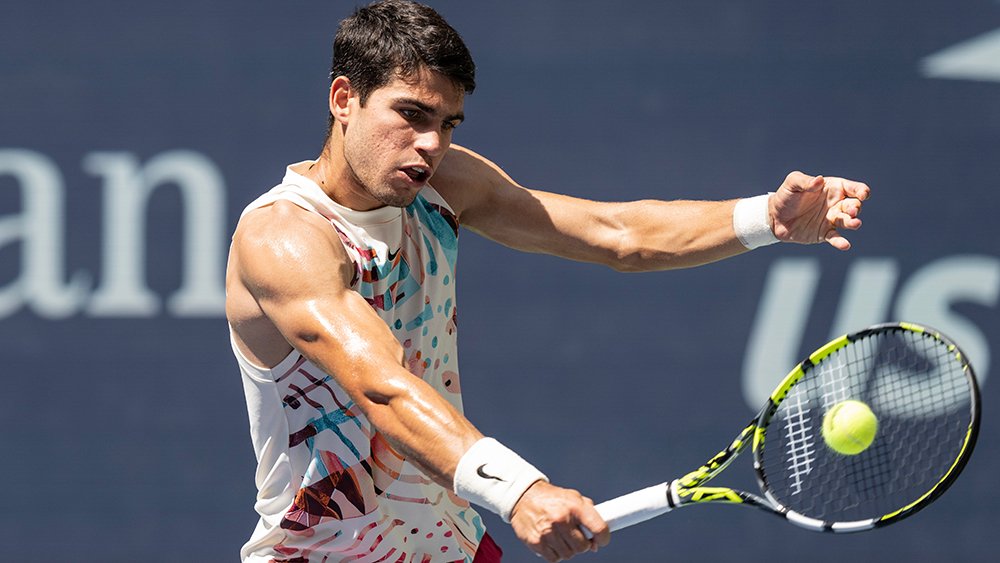 Carlos Alcaraz of Spain returns ball during 3rd round against Daniel Evans of United Kingdom at the US Open Championships at Billie Jean King Tennis Center in New York on September 2, 2023.